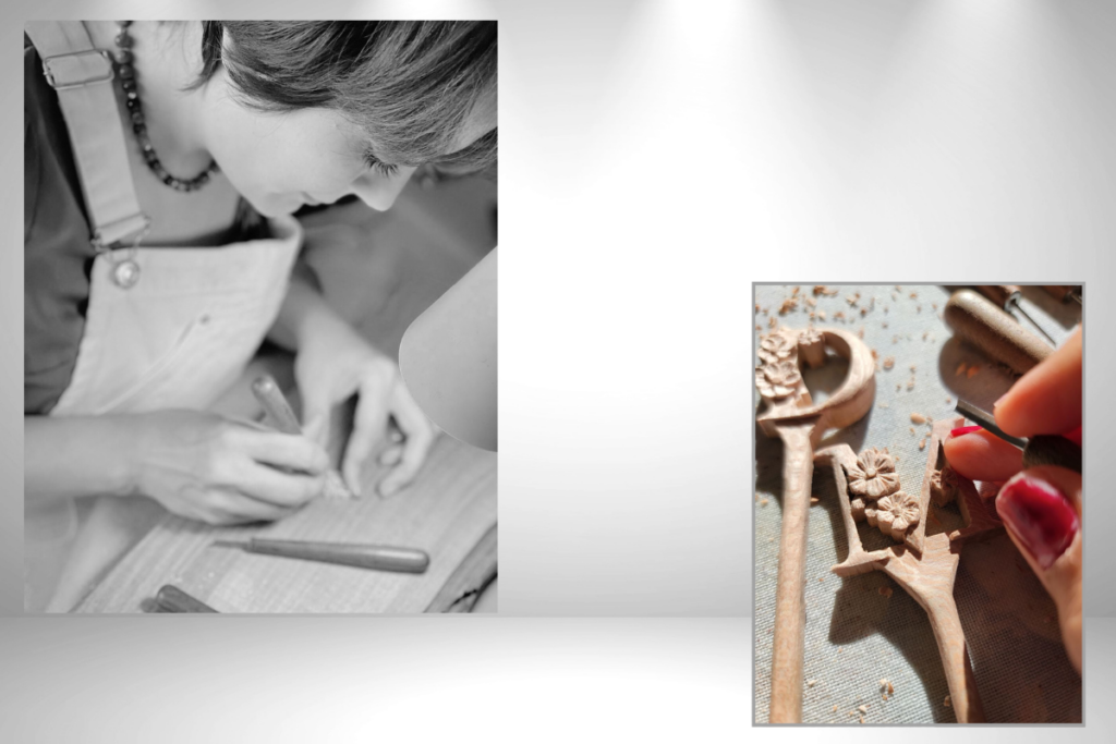 Création Artisanale de Bijoux Composition de deux images montrant l’artisane en train de sculpter le bois à la main, ainsi que deux épingles à cheveux en bois représentant les lettres M et D en cours de sculpture.