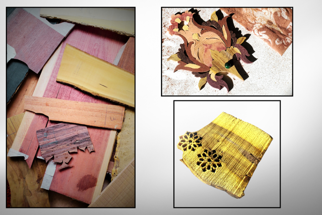 Composition de plusieurs images montrant des planchettes de bois naturel aux couleurs variées utilisées comme matière première, ainsi qu’un motif de fleur marquetée illustrant la richesse des teintes naturelles du bois.