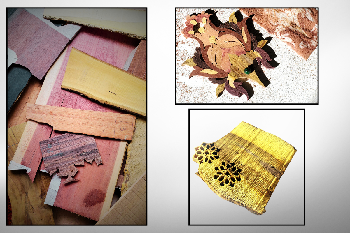 Composition de plusieurs images montrant des planchettes de bois naturel aux couleurs variées utilisées comme matière première, ainsi qu’un motif de fleur marquetée illustrant la richesse des teintes naturelles du bois.