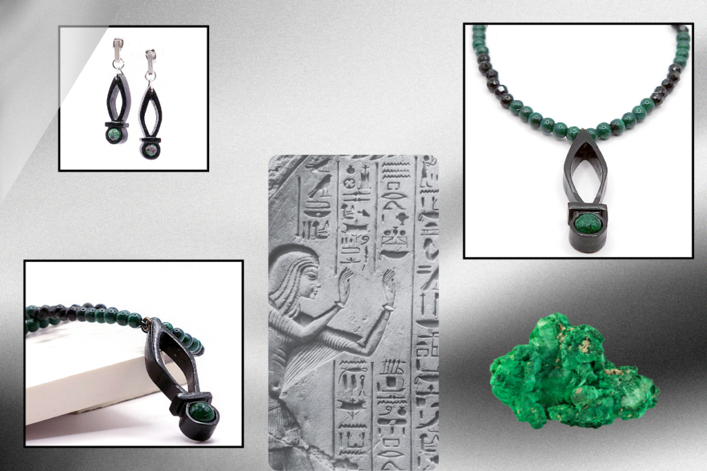 Création Artisanale de Bijoux Composition de plusieurs images présentant une parure collier et boucles d’oreilles inspirée des hiéroglyphes égyptiens, réalisée en bois d’ébène noir et pierre de malachite verte.